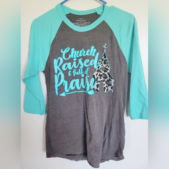 Crazy Train Church Raised Full of Praise Leopard Raglan Tee Size Small - Picture 2 of 5